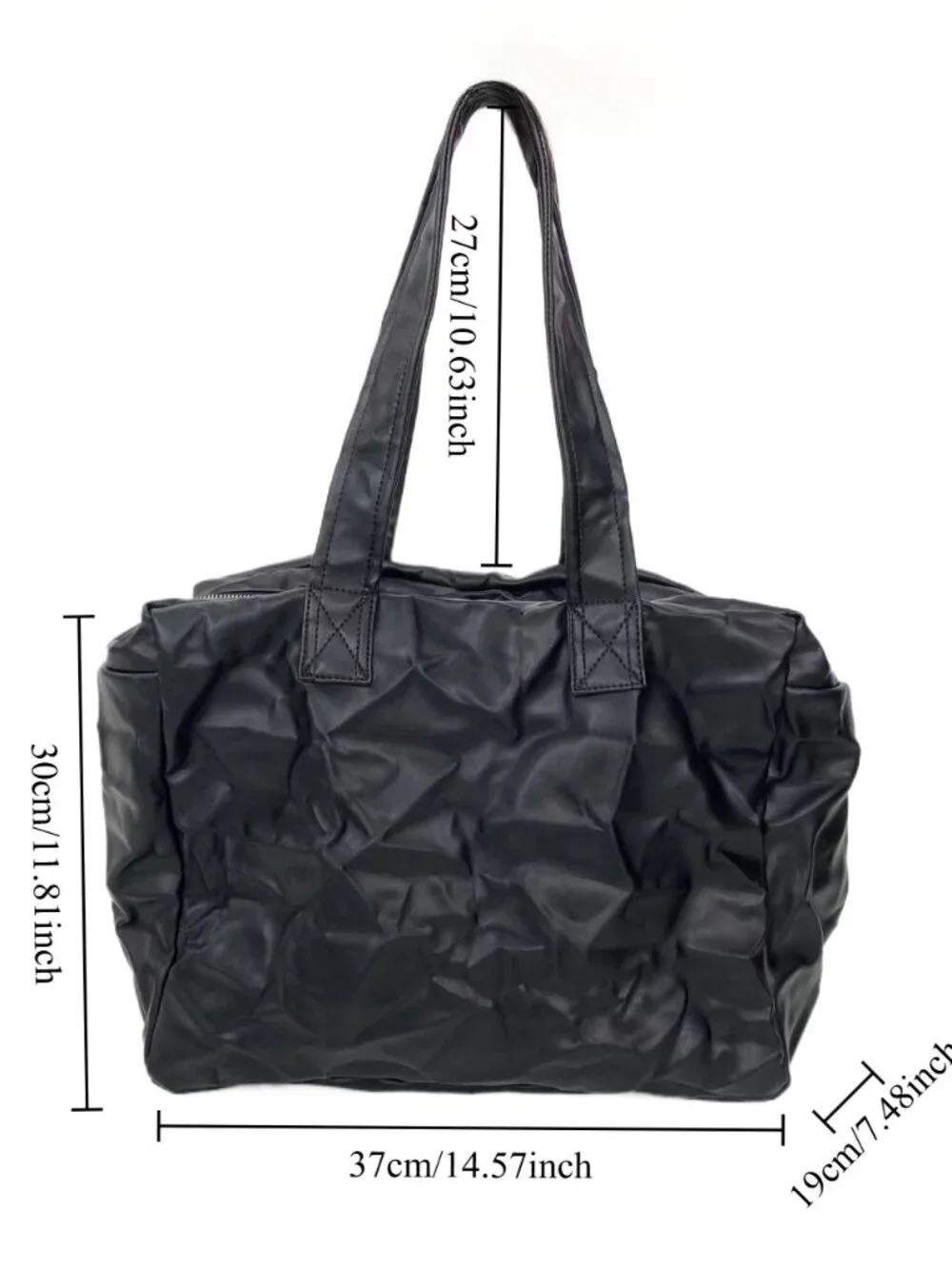 Black Crinkled Faux Leather Oversized Slouchy Tote Bag Travel